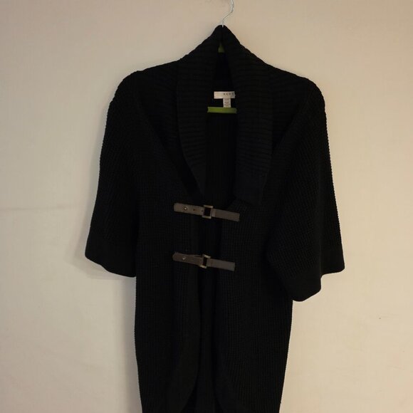 Women’s Black Knit Short-Sleeve Cardigan with Belt - Picture 1 of 6
